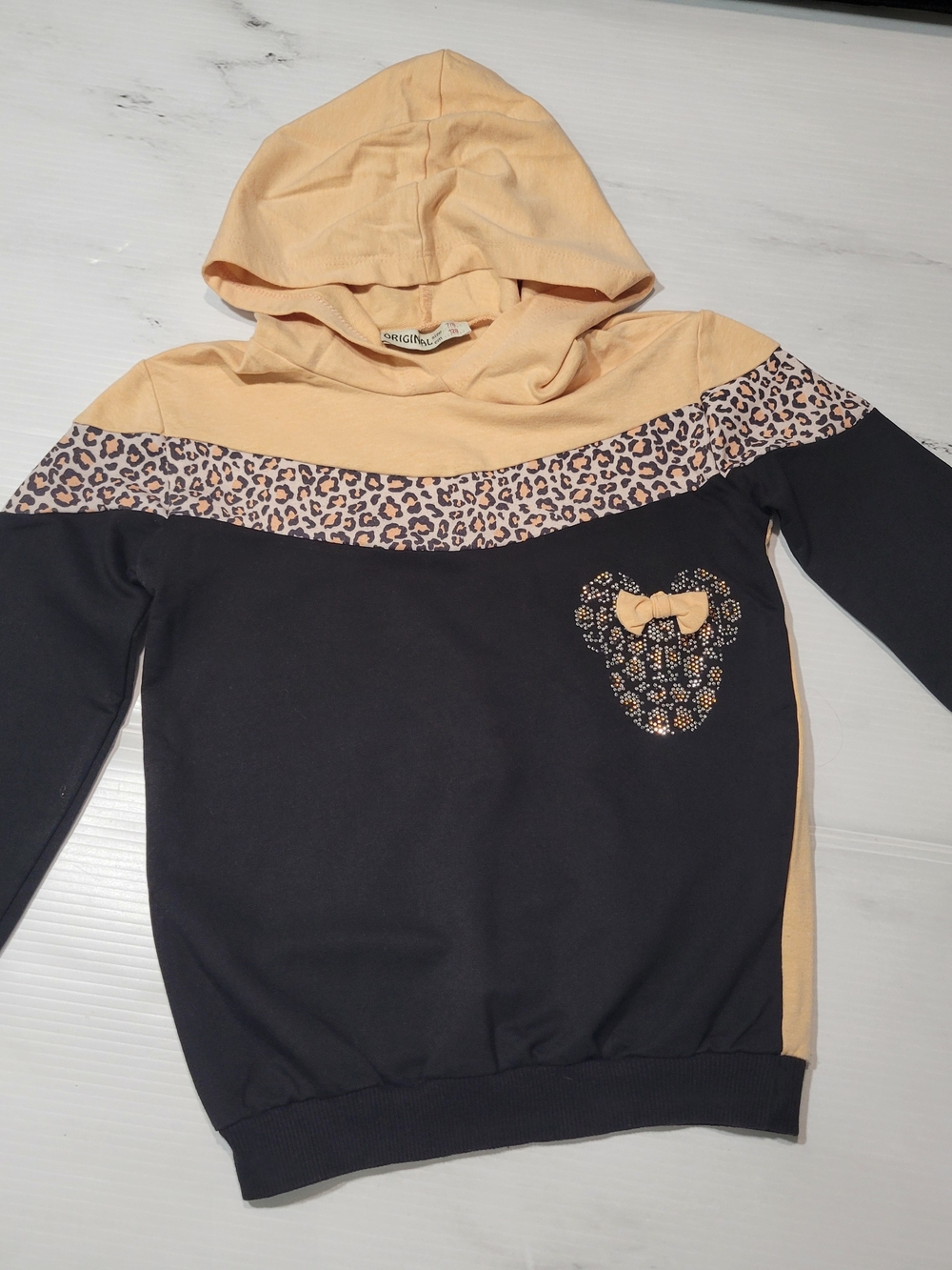 ​Original Girls Size 7/8 128cm Leopard Colorblock Rhinestone Mouse Bow Hoodie